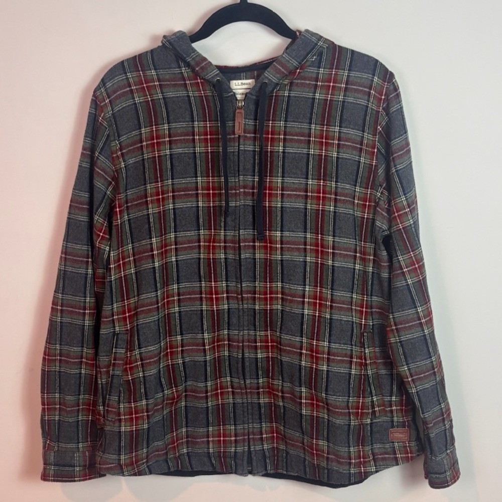 L.L.Bean Womens Scotch Plaid Relaxed Fit Zip Hoodie sz Large 100% Cotton Brown